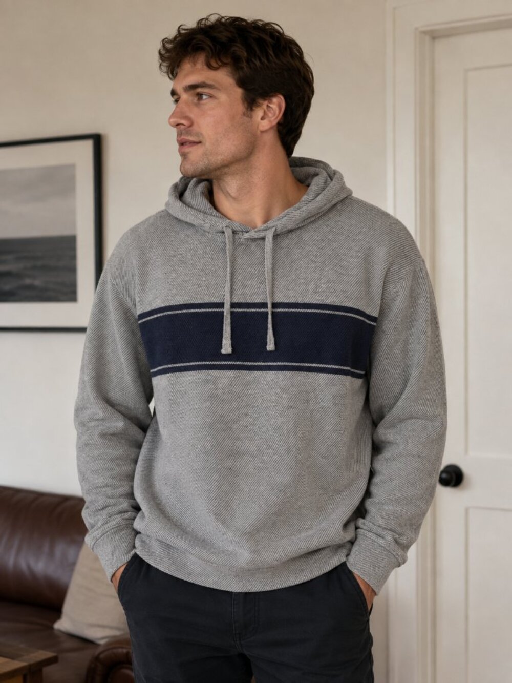 Faherty Legend Sweater Gray Hooded Pullover with Navy Chest Stripe Size XL
